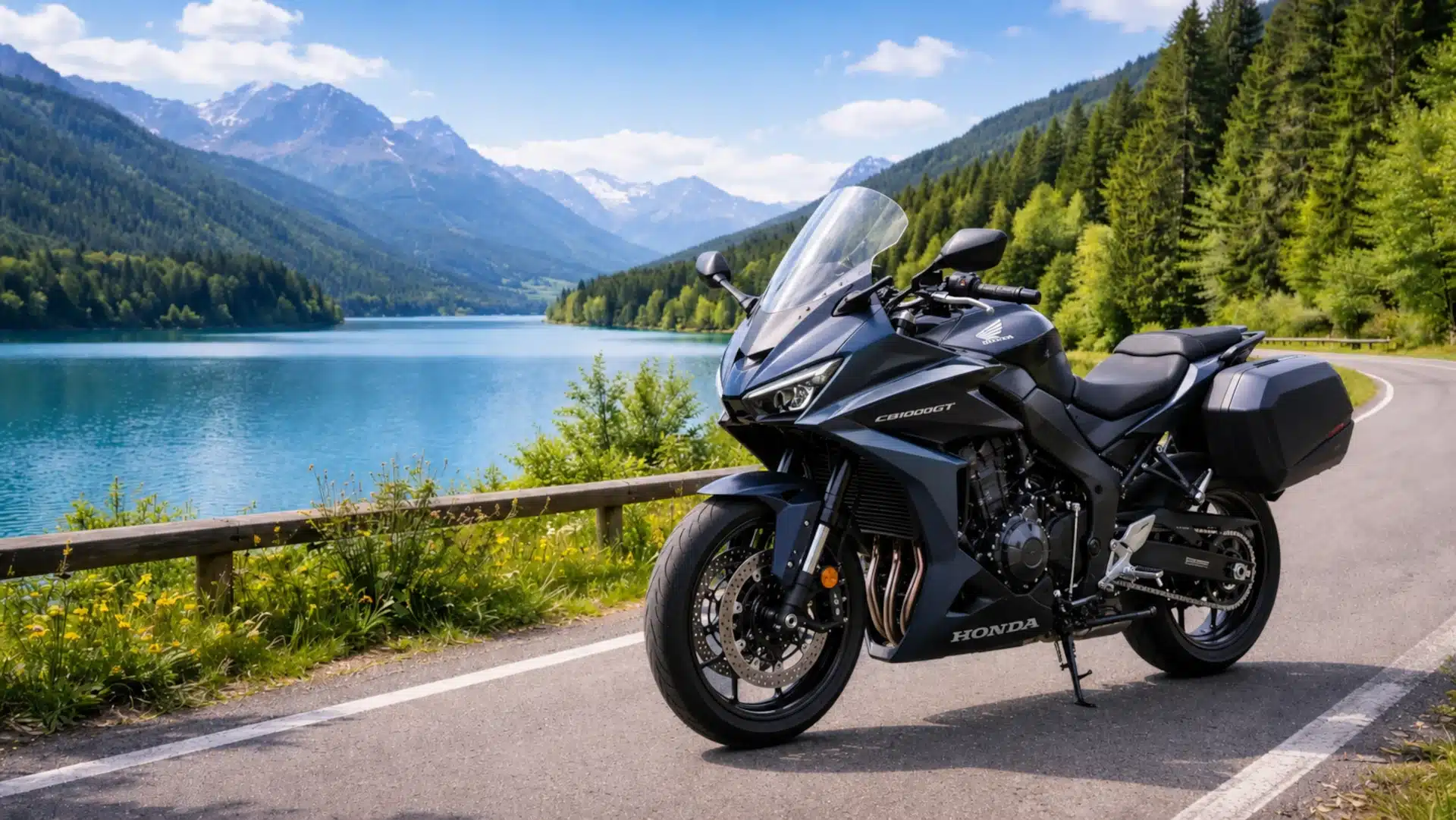 Honda-Motorrad auf einer Landstraße am See