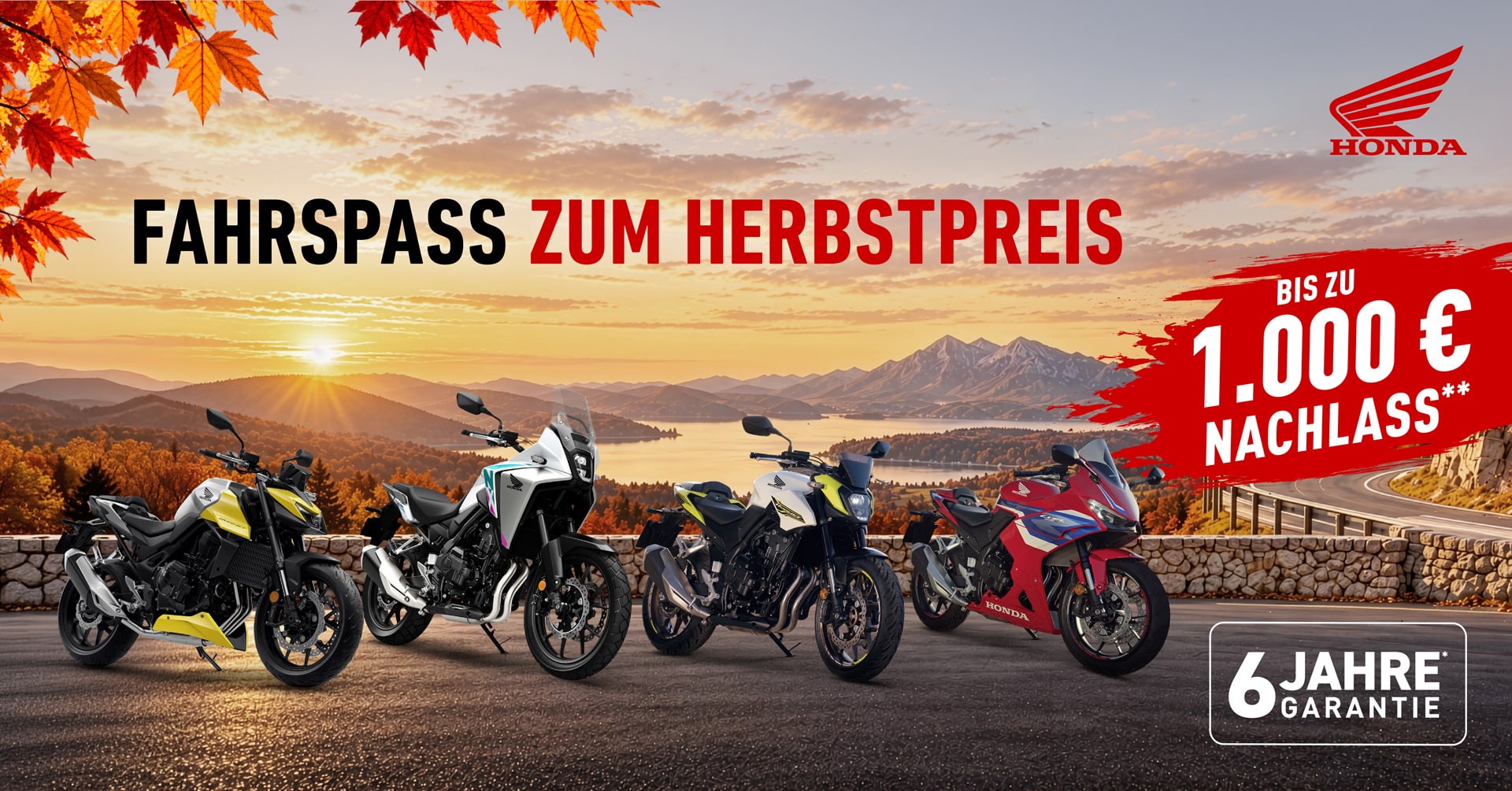 Honda Herbstaktion: vier Honda-Motorräder vor herbstlicher Berglandschaft bei Sonnenuntergang – bis zu 1.000 € Nachlass und 6 Jahre Garantie